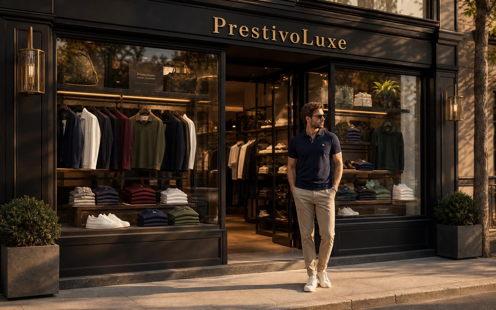Boutique PrestivoLuxe au Maroc : vitrine de mode masculine casual premium avec polos, tricots, chinos et sneakers, façade noire et enseigne dorée